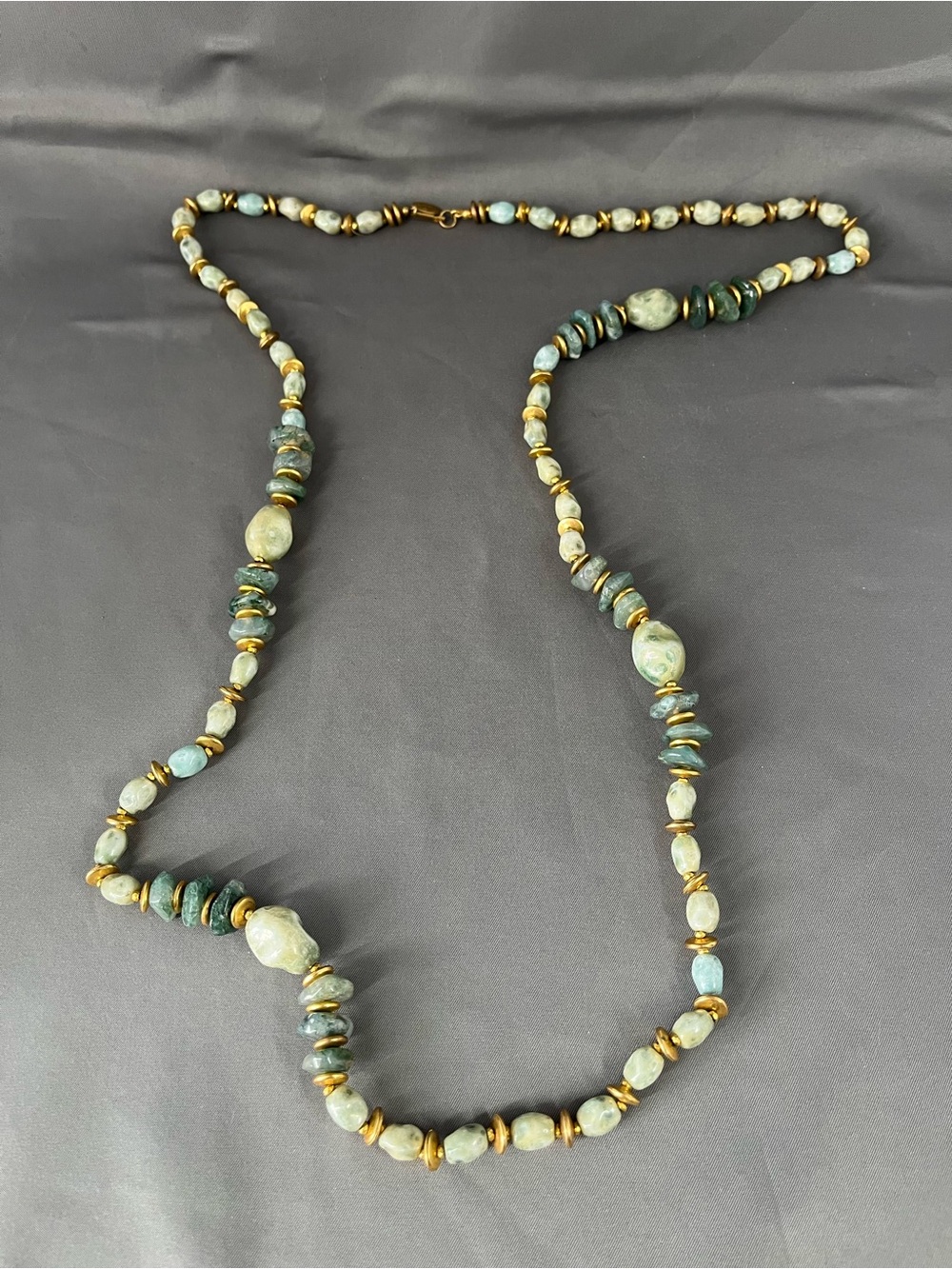 Vintage Mariam Haskel Green Beaded Long Necklace with Gold Accents